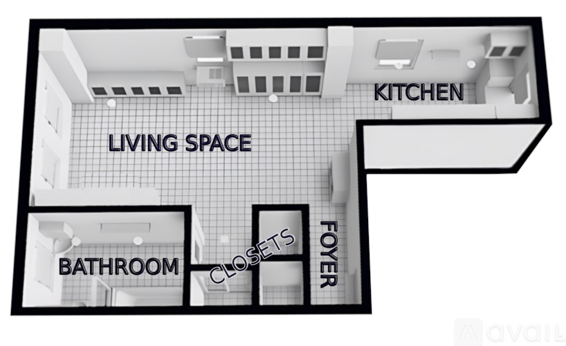 A diagram of a house layout with a kitchen, living space, and bathroom.