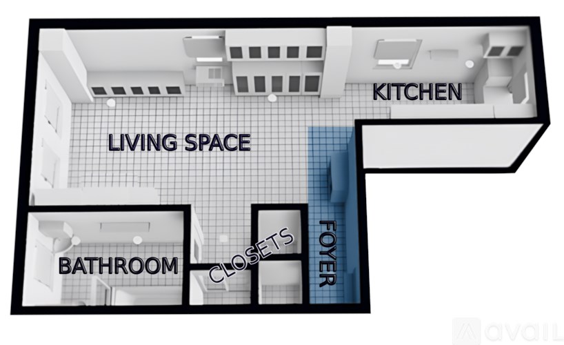 A diagram of a living space with a kitchen, bathroom and closet.