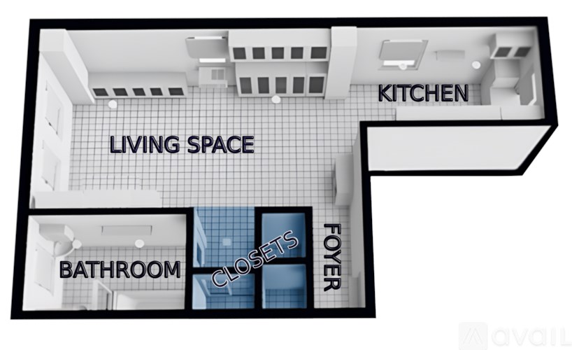 A diagram of a living space with a kitchen, bathroom and closet.
