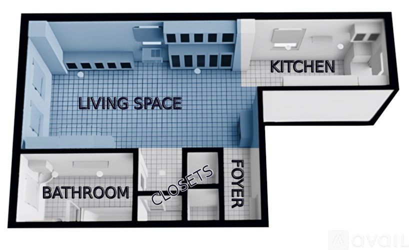 A floor plan of a living space with a kitchen, bathroom, closet, and foyer.