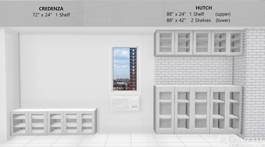 A white table is in a room with a window overlooking a city.