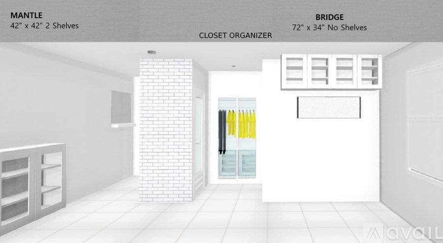 A white bedroom with a bed, cupboards and a mirror.