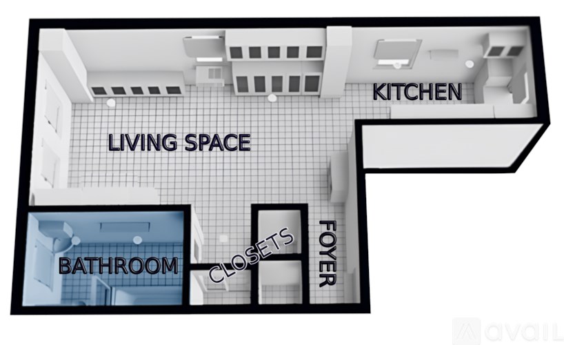 A diagram of a living space with a kitchen, bathroom, closet, and foyer.