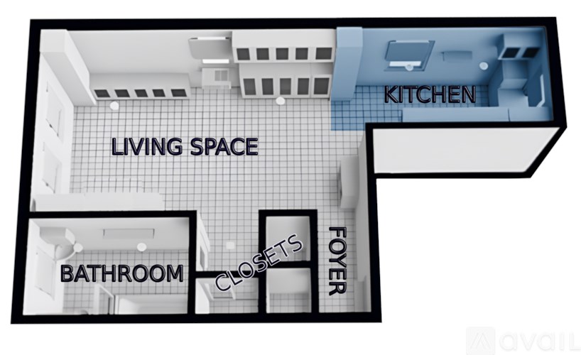 A diagram of a living space with a kitchen, bathroom, closet, and foyer.