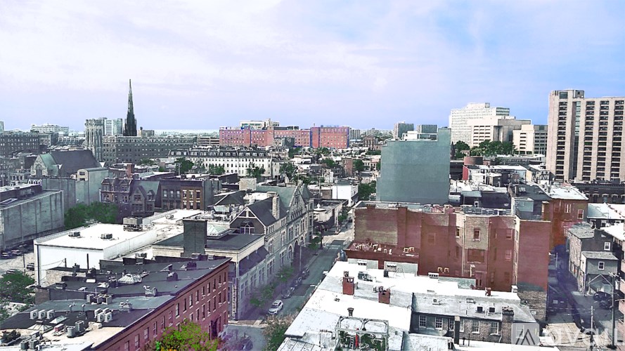 A cityscape with a mix of old and new buildings.