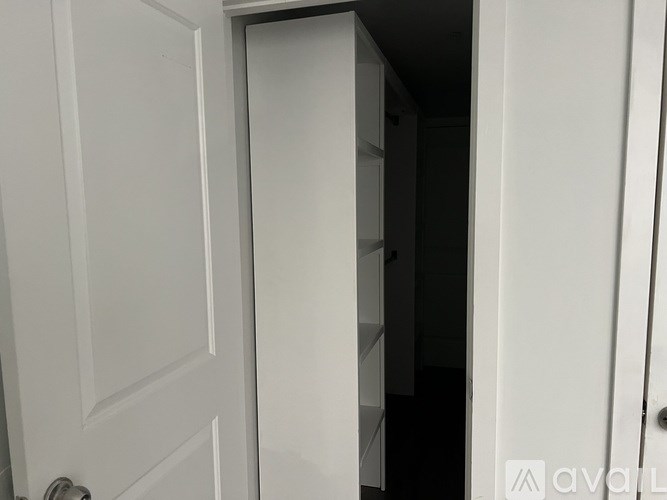 A white door is open to a dark space.