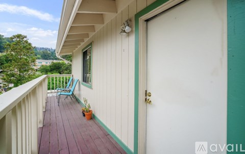 A balcony with a white door and a small potted plant.