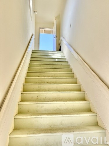 A staircase with a beige carpeted runner and white walls.