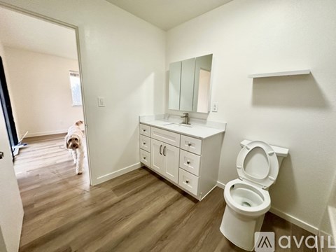 A white toilet sits in a bathroom with a white cabinet and mirror.