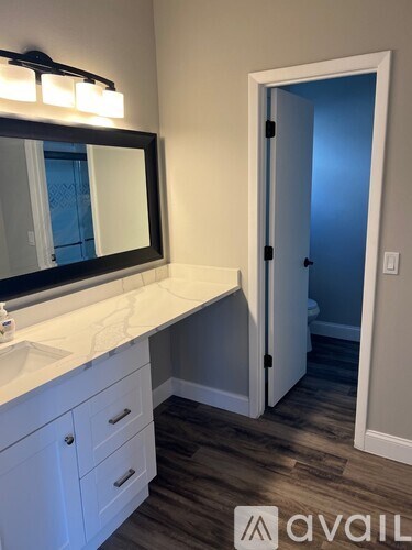 A bathroom with a sink, mirror, and wooden floors.