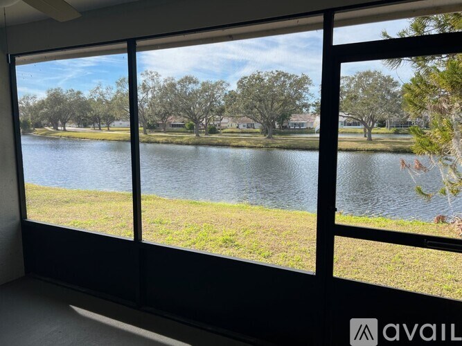 A view of a lake through a window with a tree on the right.
