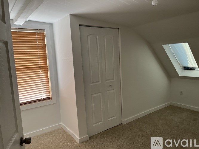 A room with a door, a window with blinds, and a skylight.
