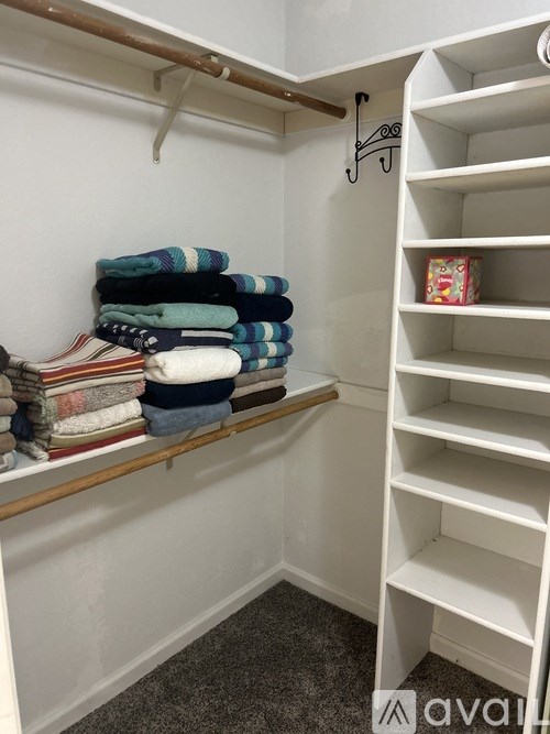 A white closet with shelves and towels.