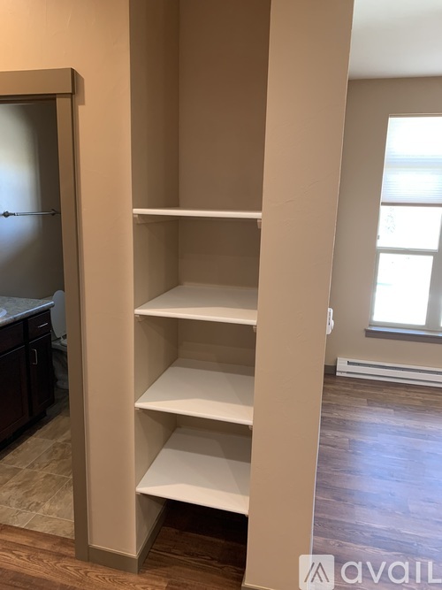 Empty shelves in a room with a doorway leading to another room.