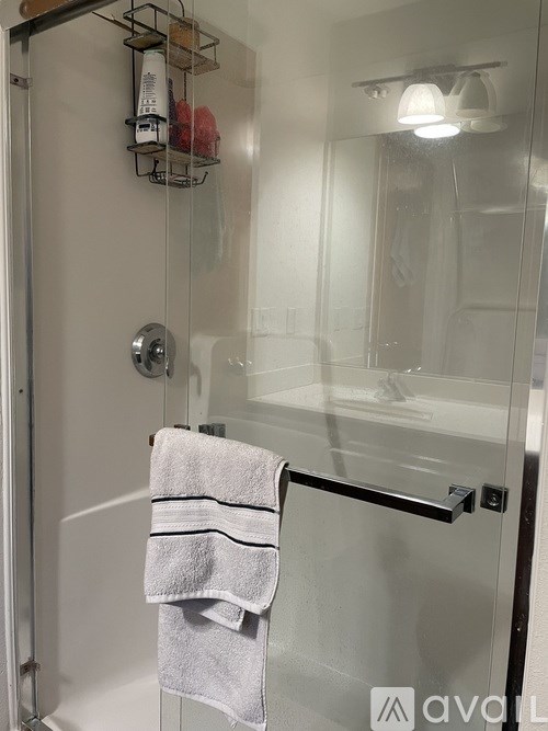 A white towel hangs on a black bar in a glass shower stall.