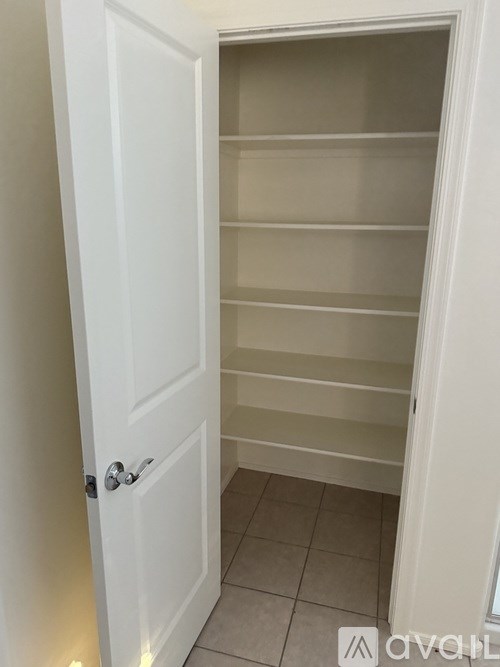 A white door with a handle is open.