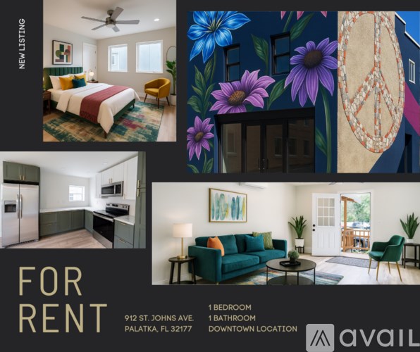 A collage of images showcasing a bedroom, kitchen, and living room for rent at 912 St. Johns Ave, Palatka, FL 32177.