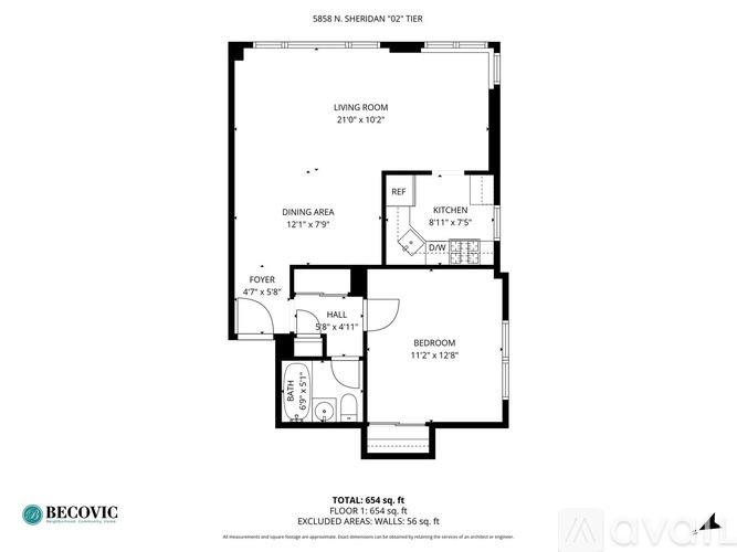 A floor plan for a 554 square foot, one-bedroom apartment.