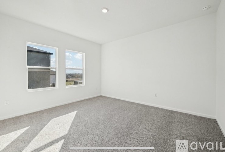 A room with a carpeted floor and two windows.