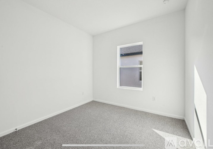 A white room with a window and carpeted floor.