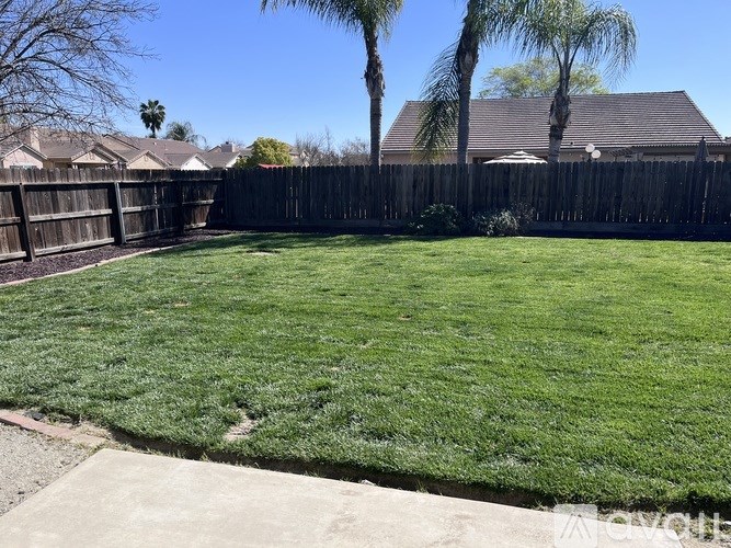 A backyard with a green lawn and a wooden fence.
