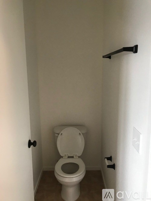 A white toilet in a small bathroom with a black handle.