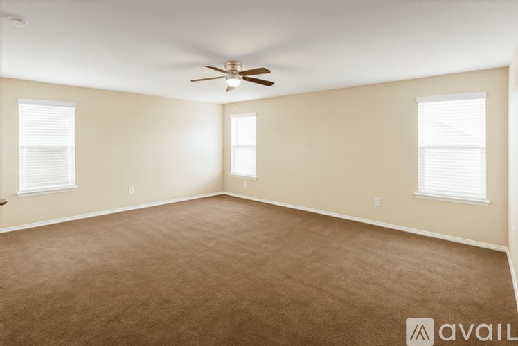 A room with a carpeted floor, a ceiling fan, and two windows.