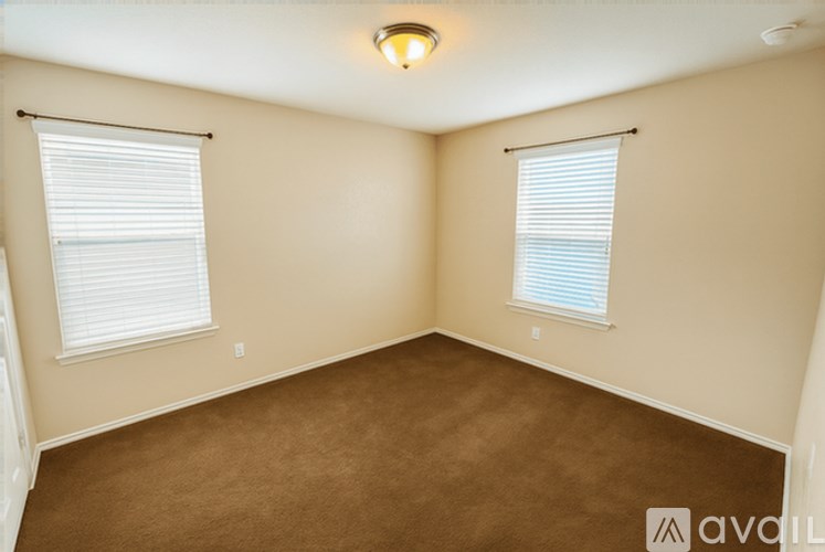 A room with brown carpet and two windows with blinds.