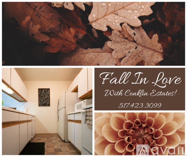A collage of images showcasing a kitchen and autumn leaves with a text overlay "Fall In Love With Conklin Estates! 517423.3099".