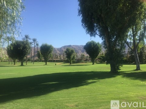 A grassy field with trees and mountains in the distance.