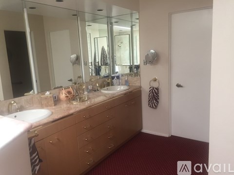 A bathroom with a double sink vanity and a large mirror.