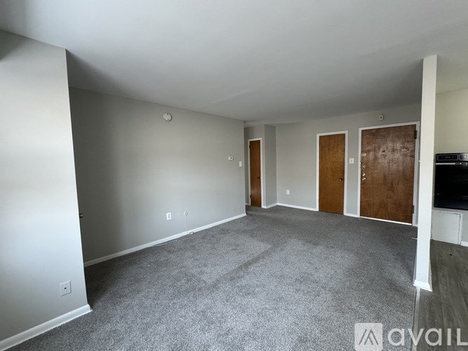 A spacious room with grey carpeting and two wooden doors.