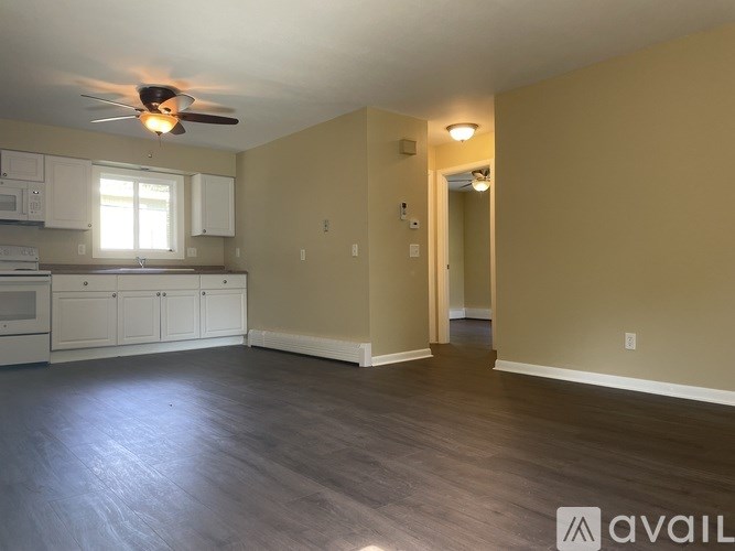 A spacious room with a ceiling fan and lighting fixture.