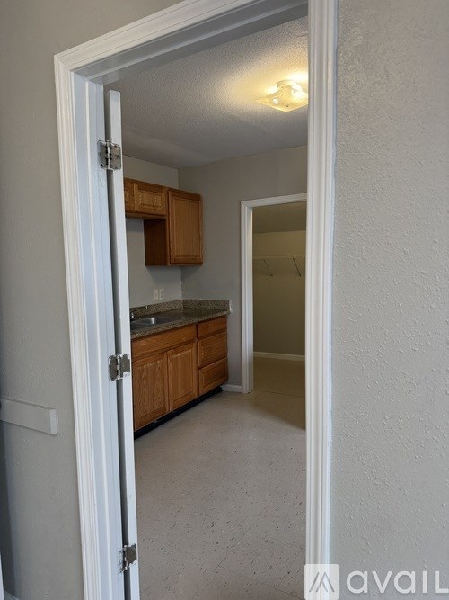 A white door is open to a kitchen.