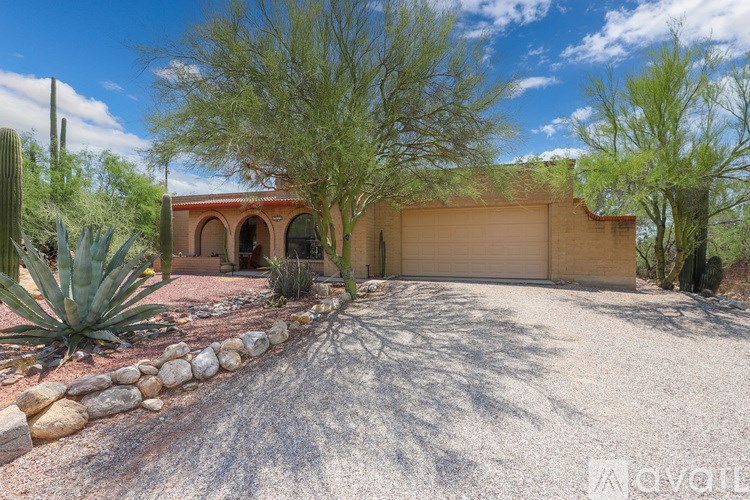 A house with a driveway and a cactus in front.