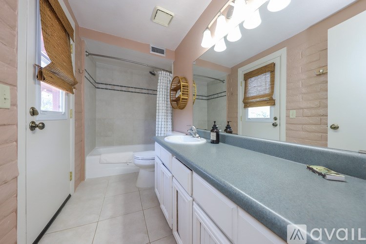 A bathroom with a sink, mirror, and shower.