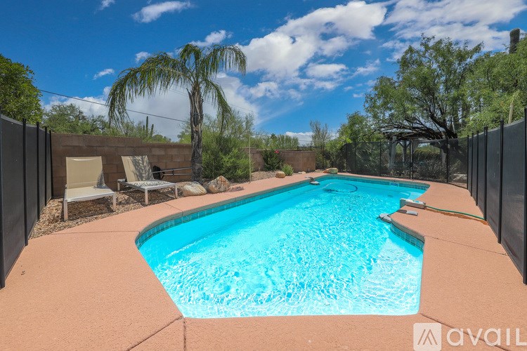 A pool surrounded by a black fence and trees.