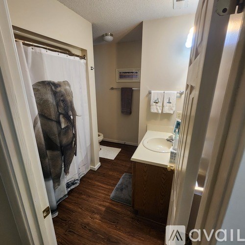 A bathroom with a shower curtain featuring an elephant.