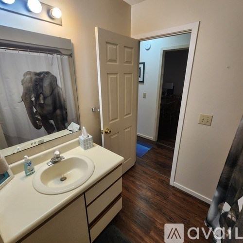 A bathroom with a sink, mirror, and a poster of an elephant.