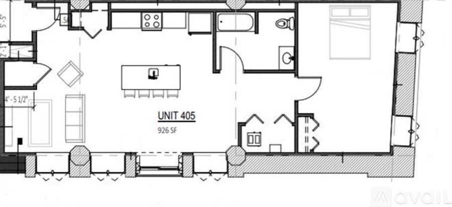 A floor plan of a unit with a living room, kitchen, and two bedrooms.