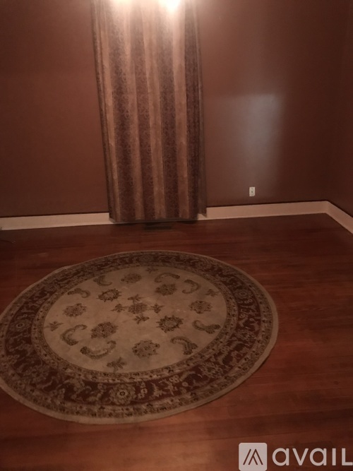 A brown carpet with a circular design is on a wooden floor.