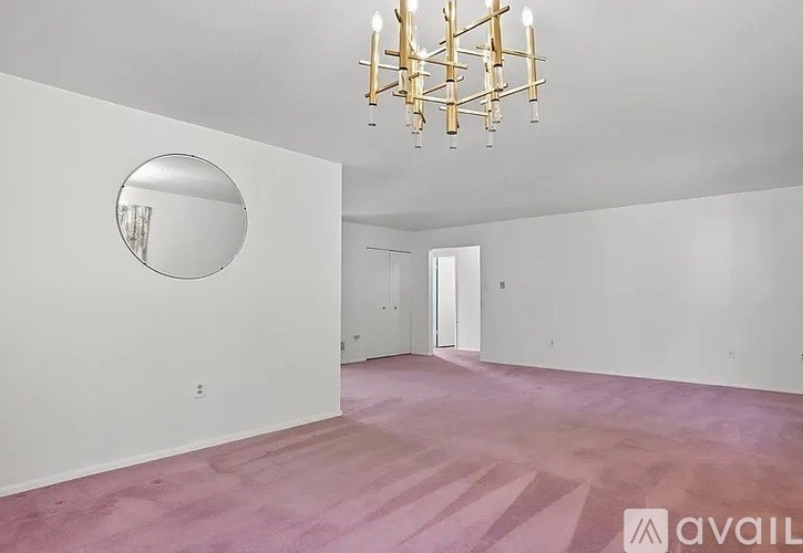 A room with a chandelier, a mirror on the wall, and a pink carpet.
