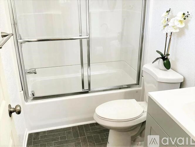 A white toilet sits next to a walk-in shower with a glass door.