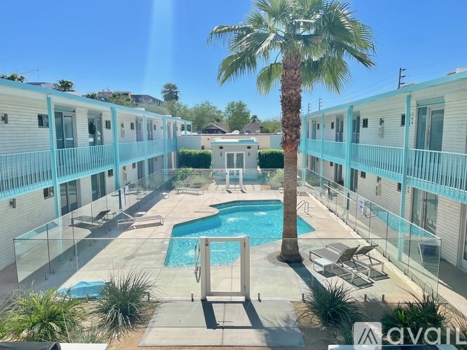 A pool surrounded by a fence and palm trees.