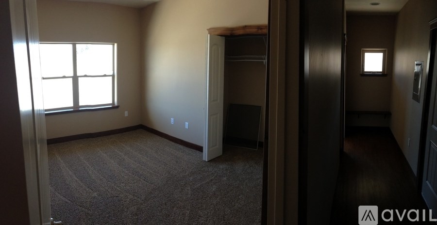 A room with a carpeted floor and a window.