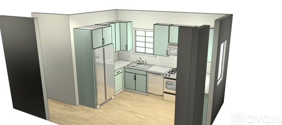 A 3D rendered image of a kitchen.