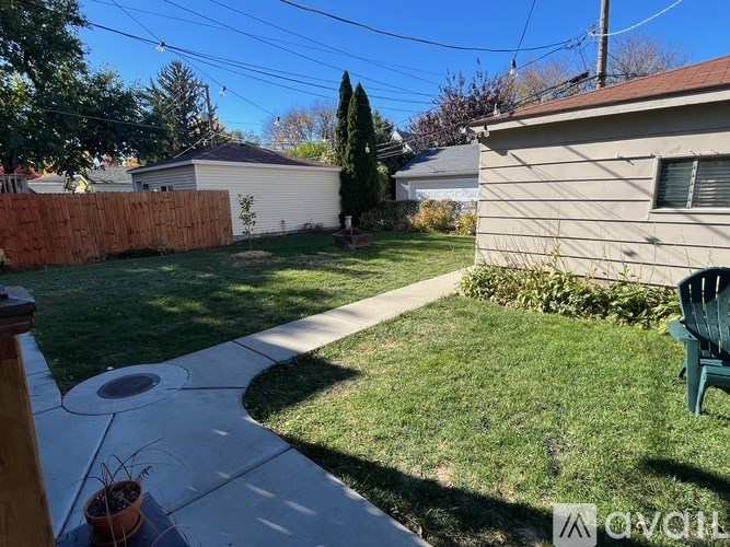 A backyard with a green lawn chair and a potted plant.