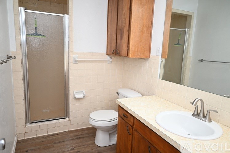 A bathroom with a toilet, sink, and shower.