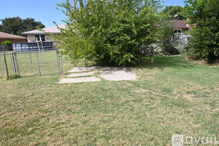 A yard with a tree and a fence.