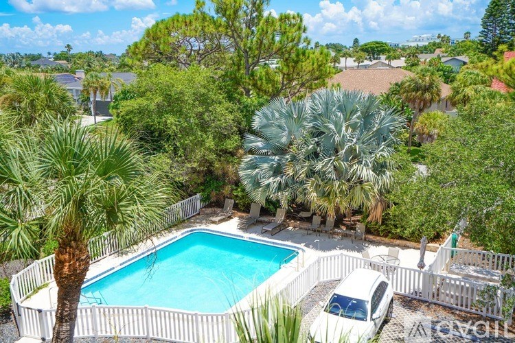 A pool surrounded by a white fence and palm trees.